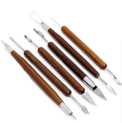 Scoby - Boetseergereedschap - Klei Sculptuur Tools - Houten Handvat - RVS Gereedschap - Set van 6 - 15 cm - Houtkleur en Zilver