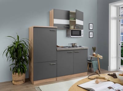 Goedkope keuken 160  cm - complete kleine keuken met apparatuur Luis - Eiken/Grijs - elektrische kookplaat  - koelkast        - magnetron - mini keuken - compacte keuken - keukenblok met apparatuur