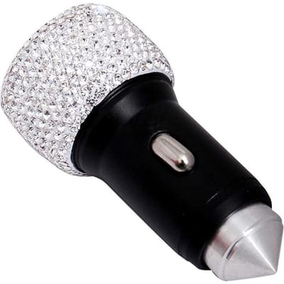Chargeur de voiture Bling Diamond Dual USB Adaptateur de voiture Marteau de sécurité fait à la main blanc