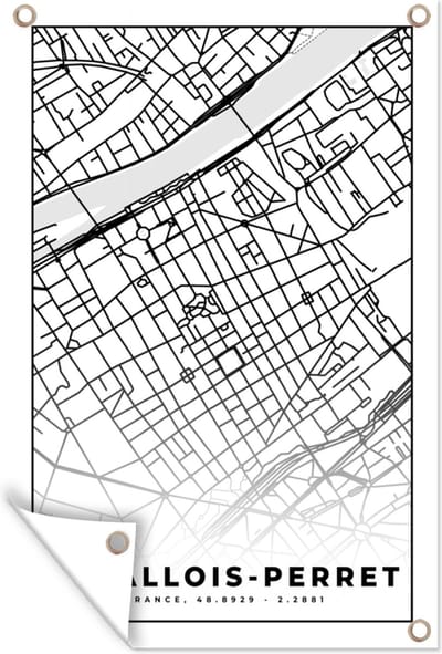 Muurdecoratie Frankrijk - Plattegrond - Levallois-Perret - Stadskaart - Kaart - Zwart wit - 120x180 cm - Tuinposter - Tuindoek