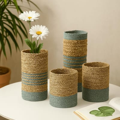 Rieten Manden Set - 4 Stuks - Grijs & Naturel - Zeegras - Hoge Ronde Manden & Vazen