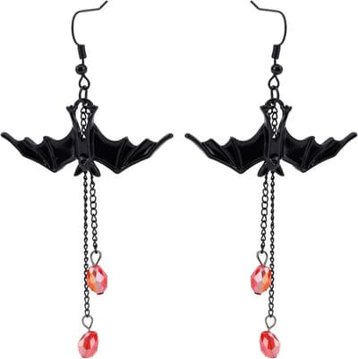 Gothic vleermuis oorbellen met rode kralen, vintage punk sieraden voor Halloween en carnaval, ideaal voor cosplay en heks kostuums