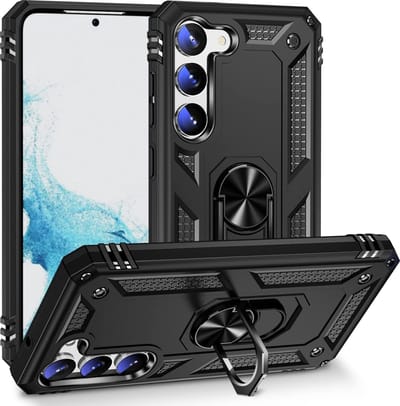 Casemania Hoesje Geschikt voor Samsung Galaxy S23 Plus Zwart - Anti-Shock Hybrid Armor Back Cover - Hoes met Kickstand Ring