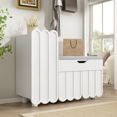 OKWISH Schoenenkast Met Zitbank – Modern Minimalistisch – Ruimtebesparend Voor Hal/Entree – 90x35x74,5 cm – 3 Deuren – 1 Lade – Gestoffeerde Zitkussen Grijs – MDF Wit