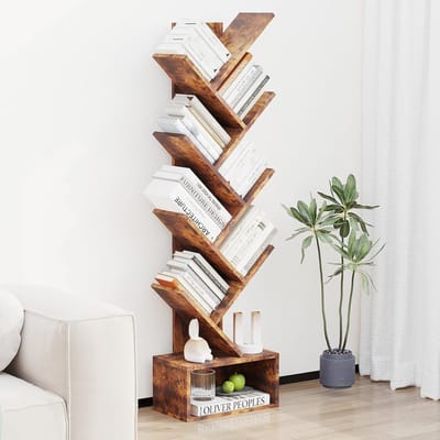 Boekenkast in boomvorm met 8 planken- ruimtebesparende hoekboekenkast- stabiele boekenkast met anti-kantelsysteem- opbergmeubel voor kantoor-woonkamer- rustiek tijgerhout