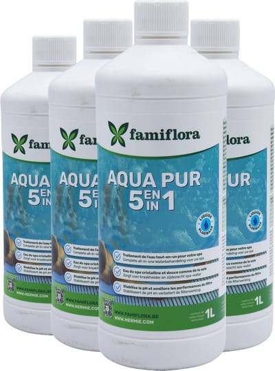 Famiflora Aqua pur 5-in-1 4 x 1L - geniet van een kraakheldere spa! - Complete waterbehandeling voor de spa - Zorgt voor kraakhelder & zijdezacht water - Stabiliseert de pH-waarde