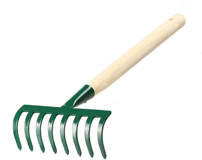 KADAX kleine metalen hark, hark gemaakt van hout, lommerrijke bezems, lekken, gazonhark voor tuin, tuin hicke, handhark, kleine ventilatorbroom (8 tanden, kort, hout, metaal)