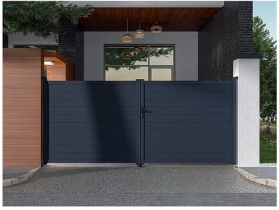 Vente-unique Gemotoriseerde draaipoort van aluminium antraciet - L397 x 166 cm - NAZARIO