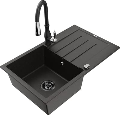 Mexen Bruno granieten gootsteen 1-komor met afdruiprek en keukenmengkraan Savita, zwart/goud metallic - 6513-75-672601-70-B