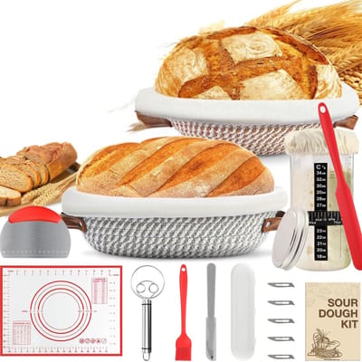 Famanu – Zuurdesem Brood Bakken benodigdheden - Complete Zuurdesem Starter Kit - 10" Ronde & 11" Ovale Brood Proofing Mand met 1000ml Zuurdesem Starter Potje - Brood Maken Gereedschap Geschenken voor Bakkers
