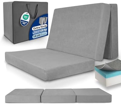 XXL Vouwmatras 140x200 cm – Dikke 14 cm Geheugenfoam Logeermatras H3 – Wasbare Hoes, Makkelijk te Vervoeren & Hoog Slaapcomfort – Grijs