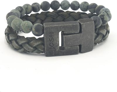 JOSH Heren Leren Armband met Natuursteen Groen | 24981-BRA