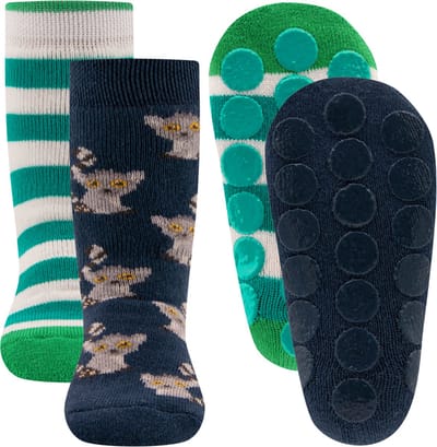 Ewers Antislipsok 2-pack - 2 paar - Donkerblauw met Lemuur en Groen/Wit gestreept - Siliconen Nopjes-17/18