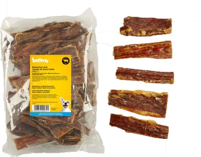 Boomy - Rundvlees Plat – 100% gedroogde runderslokdarm – Natuurlijke hondensnacks – Hondensnoepjes – 500g