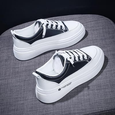 Baskets tendance pour femmes, chaussures vulcanisées respirantes, chaussures à plateforme en cuir PU pour femmes, chaussures décontractées à lacets, blanches 35 noir