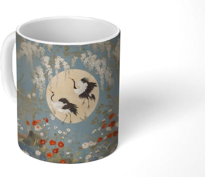 Mok - Koffiemok - Kraanvogels - Maan - Bloemen - Blauw - Mokken - 350 ML - Beker - Koffiemokken - Theemok