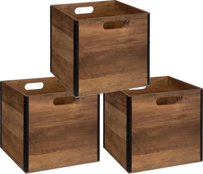 5Five Opbergmand / kastmandje - Set van 3x stuks - Bruin hout - 31 x 31 x 31 cm - 29 liter - Vakkenkast manden - Hout - Opvouwbaar - Kisten