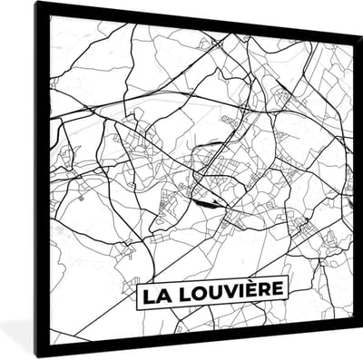 Fotolijst incl. Poster Zwart Wit- België – La Louvière – Stadskaart – Kaart – Zwart Wit – Plattegrond - 40x40 cm - Posterlijst