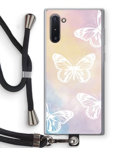Case Company® - Hoesje met koord geschikt voor Samsung Galaxy Note 10 hoesje met Koord - White butterfly - Telefoonhoesje met Zwart Koord - Bescherming aan alle Kanten en Over de Schermrand