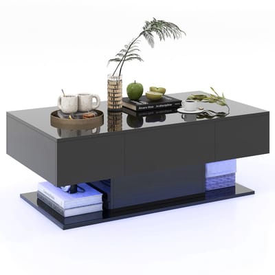 COSTWAY Salontafel met ledverlichting, hoogglans, 20 kleuren, instelbare helderheid, woonkamertafel met 2 laden, koffietafel voor woonkamer, incl. afstandsbediening, 110 x 60 x 40 cm (zwart)