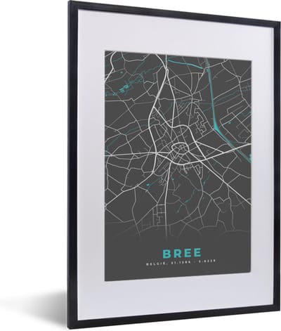 Fotolijst incl. Poster - Plattegrond – Bree – Blauw – Stadskaart - Kaart - België - 30x40 cm - Posterlijst