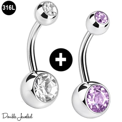 Navelpiercing Set 2 Stuks – Navel Piercing 316L Chirurgisch Staal – Belly Button Piercing – Banana Barbell 1.6mm – Double Jeweled – Helder & Lila – Buikpiercing Dames