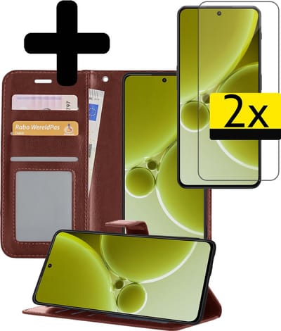 Hoesje - Met 2x Screenprotector - Geschikt voor OnePlus Nord 3 - Luxe Pasjeshouder - Bookcase Portemonee - Flip Case - Kunstleer Book Case - Flipcase Hoes - Book Cover - Walletcase - Portemonneehoes - Telefoonhoesjes - Bruin