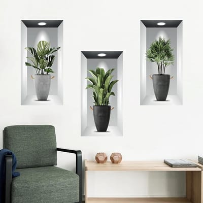3D Planten Wandstickers, 3 Stuks Realistische Groene Potplanten Wanddecoratie, Zelfklevend en Verwijderbaar voor Woonkamer, Slaapkamer en Trapgang Achtergrond
