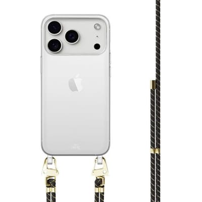 xoxo Wildhearts siliconen hoesje - Geschikt voor iPhone 17 Pro Max - Gold Goddess - Telefoonhoesje - Hoesje met koord - telefoonkoord - Transparant hoesje - In lengte verstelbaar - Zwart - Goud - Zwart koord met gouden strepen