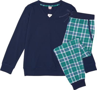 La-V pyjama sets voor Meisjes met jogging broek van flanel Donkerblauw/Groen 140-146