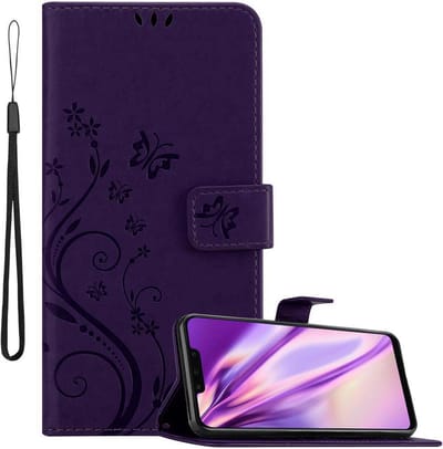 Cadorabo Hoesje geschikt voor Huawei MATE 20 LITE in BLOEMEN DONKER PAARS - Beschermhoes in bloemmotief met magnetische sluiting, standfunctie en kaartsleuven Book Case Cover Etui