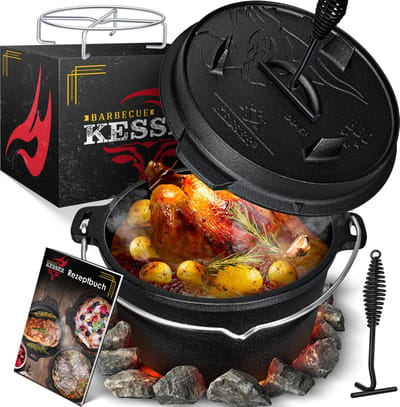 KESSER® Dutch Oven Gietijzeren Pan met Deksel voor Buiten & Binnen BBQ Multifunctionele Kookset - Barbecuepan Braadpan voor 2-5 personen met standaard - 13,6 Liter, Zwart