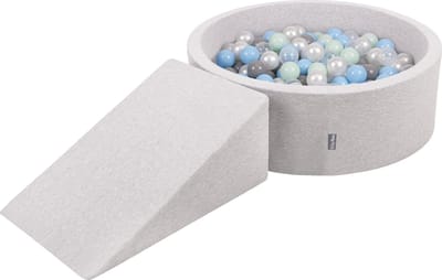 KiddyMoon Speeltoestel met ramp Ballenbad - 7cm 100 Ballen - Ballenbak ballen voor baby's - Ballenbak schuim voor kinderen - Hindernisbanen - Lichtgrijs: Parel Grijs Transparant Babyblauw Munt