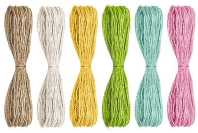 6 Rollen Gekleurd Jute Touw, 6 Kleuren x 10 m, 1–2 mm 3-draads voor Scrapbooking, Journaling, Kaarten, DIY & Cadeauverpakking (Susan)