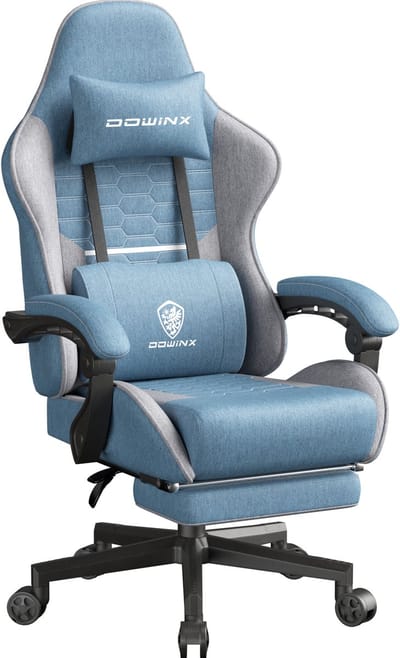 Dowinx Gaming Stoel Blauw – Ergonomische Bureaustoel met Ademend Stof, Verstelbare Hoofdkussen en Voetsteun – Comfortabele Draaistoel voor Gaming & Kantoor