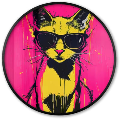 Poster in lijst Rond - Fotolijst 60x60 cm - Posters - Kat - Art - Zonnebril - Roze - Ronde posterlijst zwart - Decoratie - Wanddecoratie woonkamer - Muurdecoratie slaapkamer