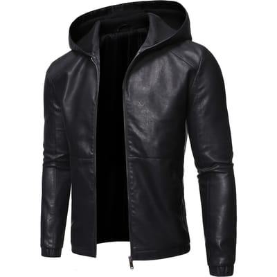 Veste à capuche en PU chic, Veste décontractée pour homme de couleur unie avec fermeture éclair en similicuir pour le printemps l'automne XXXXXL noir
