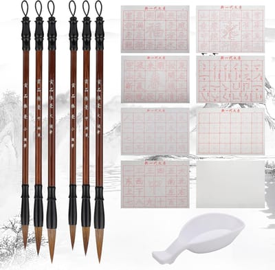 23 stks Geen Inkt Chinese Kalligrafie Set, 16Pcs Water Schrijven Doek Papier, 6 stks Traditionele Kalligrafie Borstels, Water Schaal voor Beginners