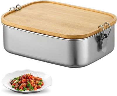 Broodtrommel roestvrij staal 1200 ml: lunchbox volwassenen / kinderen lunchbox met houten deksel lekvrij lunchbox bento, BPA-vrij, Bento Box ontbijtbox voor school, uitstapjes, picknick, werk