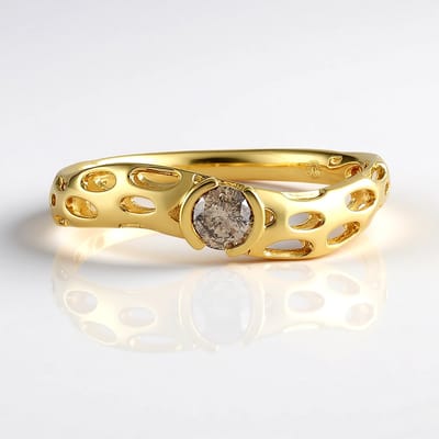 Cavill - Zilveren ring verguld - 925 Sterling zilver met 0 225 ct I2 Champagne Diamant - Ronde briljant luxe damesring modern opengewerkt design