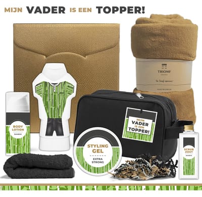 Geschenkset "Mijn vader is een topper!" - 7 Producten - 1300 gram | Toilettas zwart - Wellness Cadeau voor hem - Man - Bodylotion - Douchegel - Styling Gel - Scrubzout - Giftset Vaderdag - Bedankt Papa - Gift Verjaardag - Speciaal voor de beste vader