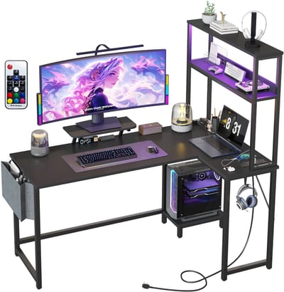 Hoekbureau gaming in L‑vorm met LED, stopcontact & USB 124x92x152 cm - Gaming Desk - Computer Tafel - Gaming Tafel - met zijtas & monitorstandaard - Zwart
