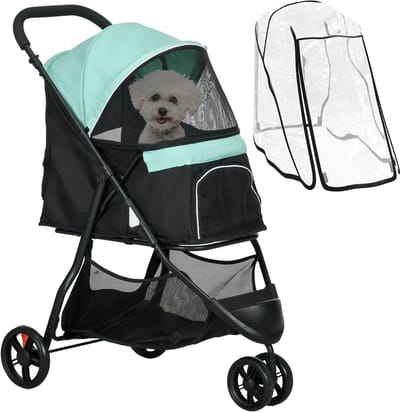 PawHut 2 in 1 Hundewagen Hundebuggy mit Regenschutz klappbar für Hunde & Katzen bis 10 kg Katzenbuggy mit Kissen Netzfenstern Türen Aufbewahrungskorb Katzenwagen Buggy Grün