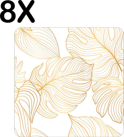 Luxe Placemat - Wit met Gouden Palm Bladeren - Set van 8 Placemats - 50x50 cm - 2 mm dik Vinyl - Anti Slip - Afneembaar