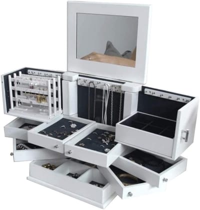 Juwelendoos Houten Sieradendoos - Sieradenorganizer Kastje - Sieraden Opbergen - Met Spiegeldeksel - 31x23.5x32cm - Wit
