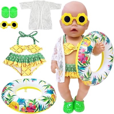 Allecto Plus - 5-delige zwemset voor poppen met badpak in ananasdesign - poppenkleding zomer - zonnepak, zwemring, schoenen en zonnebril