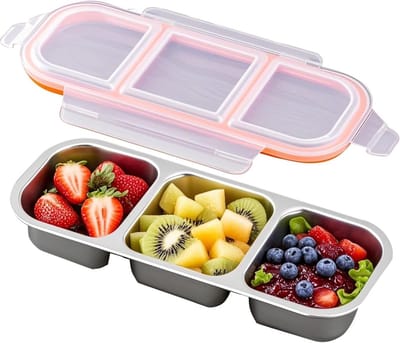 Lunchbox - Snackbox van roestvrij staal - met deksel - 3 compartimenten - Lunchbox voor volwassenen - Lunchbestendig voor het bewaren van voedsel - Perfect voor school, werk, kamperen, reizen - Luchtdicht voor fruit, maaltijden, snacks - Wit