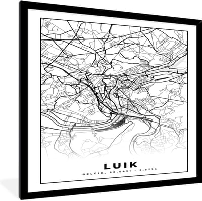 Fotolijst incl. Poster Zwart Wit- Stadskaart – Zwart Wit - Kaart – Luik – België – Plattegrond - 40x40 cm - Posterlijst