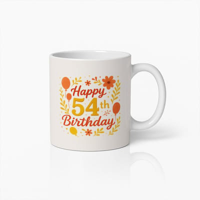 Gelukkige 54e Verjaardag Mok 330ml – Feestelijk Bloemen- en Ballonontwerp Koffiebeker – Ideaal Verjaardagscadeau