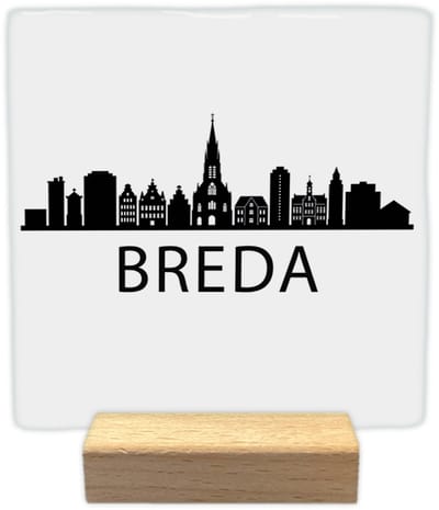 Breda skyline - Keramische decoratie tegel - incl. houten presenteerblok